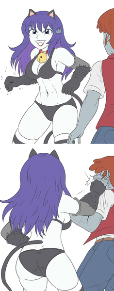 Size: 2767x7074 | Tagged: safe, artist:sumin6301, derpibooru import, rarity, rover, cat, human, equestria girls, g4, 2 panel comic, absurd resolution, alternate hairstyle, ass, bell, bell collar, belly, belly button, belly piercing, bra, breasts, busty rarity, butt, cat bell, catgirl, cleavage, clothes, collar, comic, duo, duo male and female, female, gloves, grin, image, jpeg, lipstick, long gloves, male, panties, piercing, punch, raricat, rearity, simple background, smiling, socks, solo focus, thigh highs, underwear, white background