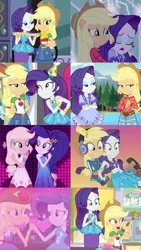 Size: 1280x2273 | Tagged: safe, artist:frankcrazy16, derpibooru import, edit, edited screencap, screencap, applejack, rarity, human, equestria girls, fomo, g4, i'm on a yacht, street chic, spoiler:eqg series (season 2), applejack's hat, collage, cowboy hat, fall formal outfits, female, hat, headphones, holding hands, image, jpeg, my little pony equestria girls, my little pony equestria girls: better together, my little pony equestria girls: legend of everfree, party hat, rarity peplum dress, rarity's blue sarong, rarity's purple bikini, shipping fuel