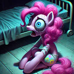 Size: 1024x1024 | Tagged: grimdark, ai content, prompter:anksk, pinkie pie, pony, bed, generator:bing image creator, hospital bed, image, jpeg, mental asylum, mentally ill, schizophrenia, screaming, sitting