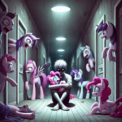 Size: 1024x1024 | Tagged: grimdark, ai content, prompter:anksk, pinkie pie, twilight sparkle, human, pony, generator:bing image creator, image, jpeg, mental asylum, mentally ill, schizophrenia, screaming, sitting