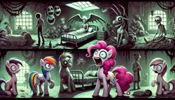 Size: 1792x1024 | Tagged: grimdark, ai content, prompter:anksk, pinkie pie, rainbow dash, oc, pegasus, pony, bed, bedroom, bone, cadaver, dead, death, generator:bing image creator, image, jpeg, pegasus oc, room, screaming, sitting, skeleton, weapons-grade nightmare fuel, wings