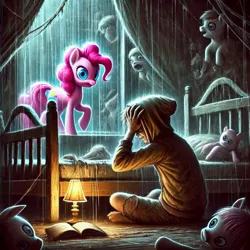 Size: 1024x1024 | Tagged: semi-grimdark, ai content, prompter:anksk, pinkie pie, human, bedroom, book, duo, generator:bing image creator, image, jpeg, male, mentally ill