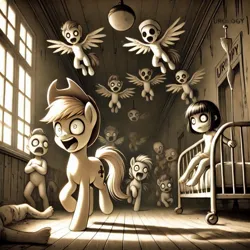 Size: 1024x1024 | Tagged: grimdark, ai content, prompter:anksk, applejack, earth pony, ghost, human, pony, undead, asylum, bed, children, dead, death, generator:bing image creator, image, jpeg, nightmare, nudity, running, screaming