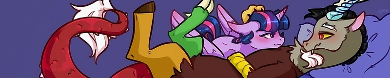 Size: 4000x800 | Tagged: safe, artist:chyoatas, derpibooru import, discord, twilight sparkle, banner, female, image, jpeg, looking at each other, looking at someone, male, on top, pillow, ship:discolight, shipping, straight