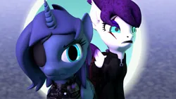 Size: 1920x1080 | Tagged: safe, artist:fallenponiesproduction, ponerpics import, princess luna, oc, unofficial characters only, pony, 3d, clothes, duo, duo female, eyepatch, female, image, jpeg, mare