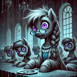 Size: 1024x1024 | Tagged: safe, ai content, prompter:anksk, silver spoon, earth pony, crying, dish, generator:bing image creator, image, jpeg, mental illness, refectory, spoon