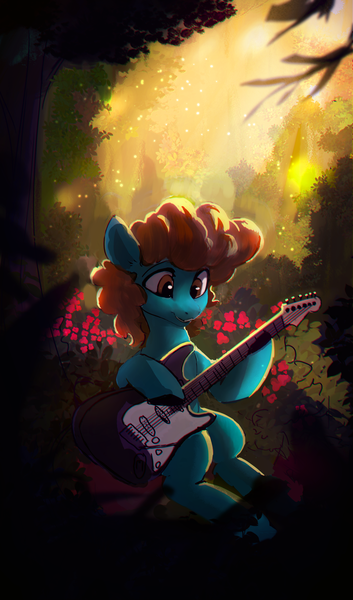 Size: 2260x3840 | Tagged: safe, artist:hierozaki, derpibooru import, oc, oc:melodybrony, unofficial characters only, earth pony, pony, dexterous hooves, electric guitar, flower, forest, guitar, high res, image, musical instrument, nature, outdoors, png, sitting, smiling, solo, tree