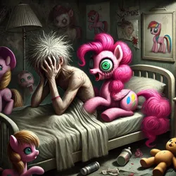 Size: 1024x1024 | Tagged: semi-grimdark, ai content, prompter:anksk, pinkie pie, oc, oc:anon, human, bed, brony, duo, generator:bing image creator, image, jpeg, mental illness, tulpa