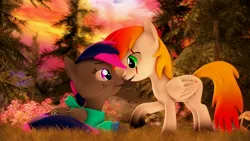 Size: 1920x1080 | Tagged: safe, artist:fallenponiesproduction, ponerpics import, oc, oc:cotton dub, oc:flame heart, unofficial characters only, pony, 3d, clothes, duo, female, hoodie, image, jpeg, looking at each other, lying down, male, mare, stallion