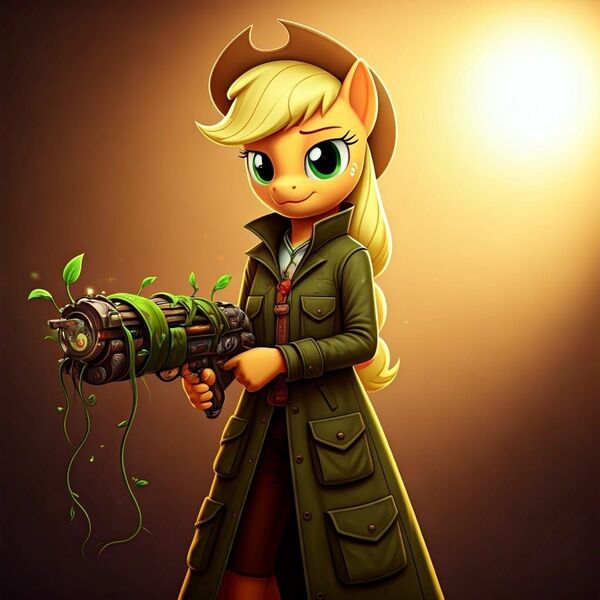 Size: 1024x1024 | Tagged: safe, ai content, generator:google imagen 3.0, machine learning generated, nightcafe ai, applejack, gun, image, jpeg, mage, plant, weapon