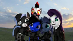 Size: 1920x1080 | Tagged: safe, artist:fallenponiesproduction, ponerpics import, princess luna, oc, oc:angel wolf, oc:beowolf, unofficial characters only, pony, 3d, clothes, female, group, image, jpeg, male, mare, stallion