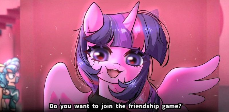 Size: 1142x560 | Tagged: safe, artist:petaltwinkle, derpibooru import, cozy glow, twilight sparkle, twilight sparkle (alicorn), ponified, alicorn, pegasus, pony, unicorn, g4, angry, book, clothes, comic, fangs, female, filly, foal, grin, horn, image, indoors, jpeg, looking at you, mare, mask, meme, pink guards, player 456 (squid game), ponified meme, seong gi-hun, shirt, signature, smiling, solo focus, spoilers for another series, squid game, squid game 2, text, tracksuit, wings