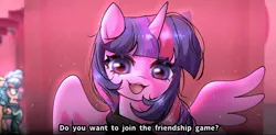 Size: 1142x560 | Tagged: safe, artist:petaltwinkle, derpibooru import, cozy glow, twilight sparkle, twilight sparkle (alicorn), ponified, alicorn, pegasus, pony, unicorn, g4, angry, book, clothes, comic, fangs, female, filly, foal, grin, horn, image, indoors, jpeg, looking at you, mare, mask, meme, pink guards, player 456 (squid game), ponified meme, seong gi-hun, shirt, signature, smiling, solo focus, spoilers for another series, squid game, squid game 2, text, tracksuit, wings