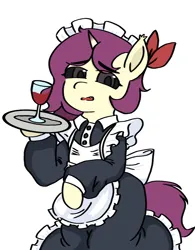 Size: 1810x2325 | Tagged: safe, artist:巧克力, derpibooru import, oc, oc:erhai ripple, unofficial characters only, bat pony, human, hybrid, pony, unicorn, clothes, cold, holding, horn, humanized, image, maid, png, red wine, simple background, white background