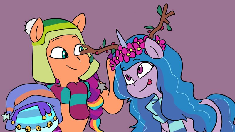 Size: 4096x2304 | Tagged: safe, artist:makaryo, derpibooru import, izzy moonbow, sunny starscout, earth pony, pony, unicorn, g5, my little pony: make your mark, :p, braid, braided ponytail, clothes, duo, duo female, fake antlers, female, floral head wreath, flower, hat, horn, image, jpeg, mane stripe sunny, mare, ponytail, purple background, scarf, simple background, smiling, tongue out, winter hat, winter wishday