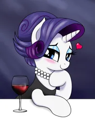 Size: 1175x1500 | Tagged: safe, artist:vomitvomiting, derpibooru import, rarity, pony, g4, alcohol, alternate hairstyle, bedroom eyes, blushing, clothes, date, dress, glass, heart, hoof on chin, image, jewelry, looking at you, necklace, pearl necklace, png, solo, wine, wine glass