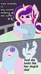 Size: 2257x4096 | Tagged: safe, artist:luanbang, derpibooru import, princess cadance, princess flurry heart, shining armor, alicorn, pony, unicorn, g4, 2 panel comic, bed, clothes, comic, crossing the memes, dialogue, dot eyes, female, filly, foal, grumpy, horn, image, jpeg, like father like daughter, like parent like child, male, mare, meme, messy mane, nine months in my womb making me suffer, on bed, open mouth, stallion, swaddled, swaddled baby, swaddling, the bride and the ugly ass groom, trio