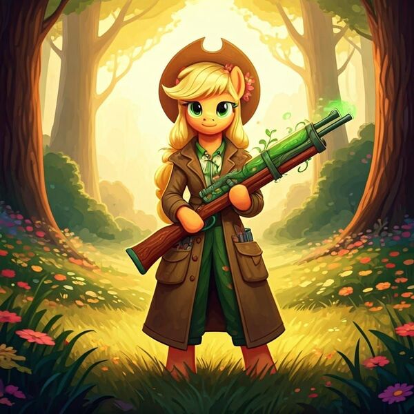 Size: 1024x1024 | Tagged: safe, ai content, generator:google imagen 3.0, machine learning generated, nightcafe ai, applejack, gun, image, jpeg, mage, plant, weapon