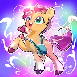 Size: 2048x2048 | Tagged: safe, artist:izuchi, derpibooru import, sunny starscout, alicorn, pony, g5, my little pony: a new generation, artificial horn, artificial wings, augmented, female, horn, image, magic, magic horn, magic wings, mare, png, race swap, raised hoof, signature, spread wings, sunny's bag, sunnycorn, tail, unshorn fetlocks, wings