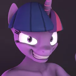 Size: 511x512 | Tagged: safe, artist:tkaloniesfm, twilight sparkle, twilight sparkle (alicorn), alicorn, anthro, 3d, bust, crazy face, evil grin, faic, female, frown, grin, horn, image, jpeg, looking at you, profile picture, shrunken pupils, smiling, solo, source filmmaker