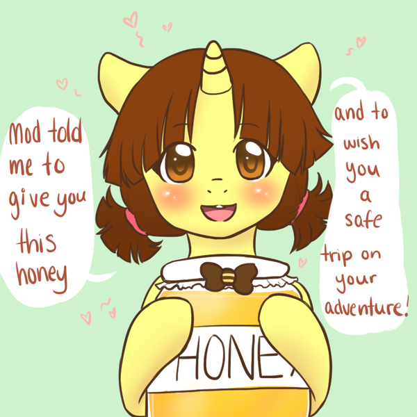 Size: 900x900 | Tagged: safe, artist:mishy, derpibooru import, oc, oc:bumble buzz (bananas wit), pony, unicorn, adorable face, adoracute, askbananaswit, bow, bumblebetes, cute, cute face, dangerously cute, female, food, hairstyle, heart, honey, hoof hold, horn, image, jar, lovely, mare, mare oc, pigtails, png, pretty, solo, sweet, too cute, unicorn oc, weapons-grade cute