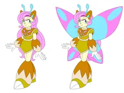 Size: 2151x1611 | Tagged: safe, artist:rockmangurlx, derpibooru import, fluttershy, human, robot, g4, butterfly wings, female, gynoid, humanized, image, jpeg, mega man (series), megaman, robot master, roboticization, simple background, smiling, solo, white background, wings