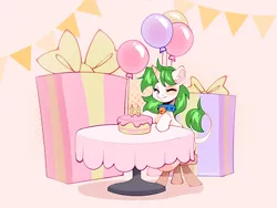 Size: 4000x3000 | Tagged: safe, artist:sugarstar, derpibooru import, oc, oc:sugarstar, unofficial characters only, pony, unicorn, balloon, birthday, cake, eyes closed, food, horn, image, png, present, smiling, solo, table