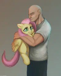 Size: 800x1000 | Tagged: safe, artist:darkdoomer, derpibooru import, fluttershy, oc, human, pegasus, pony, g4, bald, duo, female, holding a pony, hug, hugging a pony, image, man, muscles, png