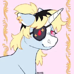 Size: 1000x1000 | Tagged: safe, artist:beyhr, derpibooru import, oc, oc:chalk dust (beyhr), unofficial characters only, pony, unicorn, ear piercing, earring, eyepatch, horn, image, jewelry, looking at you, piercing, pink eyes, png, ponytail, solo, two toned mane