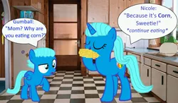 Size: 2996x1751 | Tagged: safe, artist:memeartboi, derpibooru import, ponified, pegasus, pony, unicorn, g4, colt, confused, corn, cute, duo, duo male and female, eating, eyes closed, eyes open, female, foal, food, gumball watterson, horn, image, indoors, jpeg, kitchen, little boy, male, mare, mother, mother and child, mother and son, nicole watterson, open mouth, pegasus wings, plate, raised hoof, speech bubble, standing, text, the amazing world of gumball, unicorn horn, wings