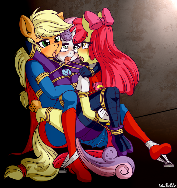 Size: 1545x1634 | Tagged: suggestive, artist:anibaruthecat, ponerpics import, apple bloom, applejack, mare do well, sweetie belle, anthro, blushing, bondage, bow, female, females only, image, lesbian, lidded eyes, open mouth, png, rope, rope bondage, shackles, superfilly, superhero costume, supermare, trio