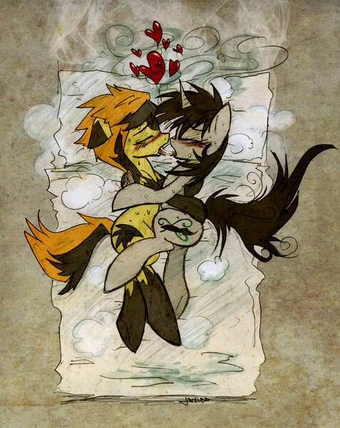 Size: 715x900 | Tagged: questionable, artist:foxinshadow, artist:skutchi, derpibooru import, oc, oc:alexander world wander, oc:coffee bean, earth pony, unicorn, bed, coat markings, earth pony oc, female, horn, image, jpeg, kissing, male, on bed, socks (coat marking), straight, unicorn oc