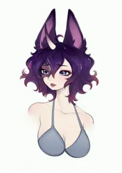 Size: 2886x4096 | Tagged: suggestive, artist:siatikas, derpibooru import, oc, unofficial characters only, human, bikini, bikini top, breasts, cleavage, clothes, curved horn, eared humanization, female, horn, horned humanization, humanized, humanized oc, image, jpeg, simple background, solo, swimsuit, white background