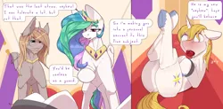 Size: 5100x2500 | Tagged: suggestive, artist:chapaevv, derpibooru import, prince blueblood, princess celestia, oc, oc:caelicus dawnus, g4, apple in mouth, blushing, bondage, image, offscreen character, png, pov, text, throne room