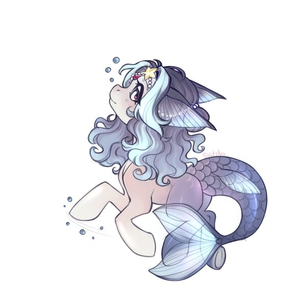 Size: 4096x4087 | Tagged: safe, artist:siatikas, derpibooru import, oc, unofficial characters only, merpony, pony, bubble, female, fin ears, fish tail, headdress, image, jpeg, mare, simple background, solo, swimming, tail, underwater, water, white background