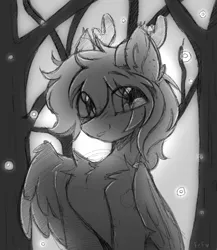 Size: 700x806 | Tagged: safe, artist:flixanoa, derpibooru import, oc, oc:purple wingshade, unofficial characters only, deer, hybrid, pegasus, pony, black and white, freckles, grayscale, image, monochrome, png, solo