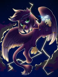 Size: 1500x2000 | Tagged: safe, artist:vensual99, derpibooru import, oc, unofficial characters only, gryphon, circlet, flying, image, jewelry, lightning, magic, male, necklace, png, solo, wing jewelry, wings