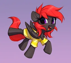 Size: 1492x1328 | Tagged: oc name needed, safe, artist:vensual99, derpibooru import, oc, unofficial characters only, pegasus, pony, chest fluff, clothes, dancing, dark coat, dark gray coat, folded wings, gradient background, gray coat, image, looking at you, open mouth, open smile, paper background, paper texture, png, purple eyes, red mane, red tail, shirt, smiling, smiling at you, solo, t-shirt, tail, wings