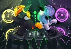 Size: 2888x1992 | Tagged: safe, artist:vitani, derpibooru import, oc, unofficial characters only, earth pony, pony, unicorn, clothes, concert, duo focus, female, hair over eyes, headphones, horn, image, male, mare, music, png, speaker, stallion, turntable