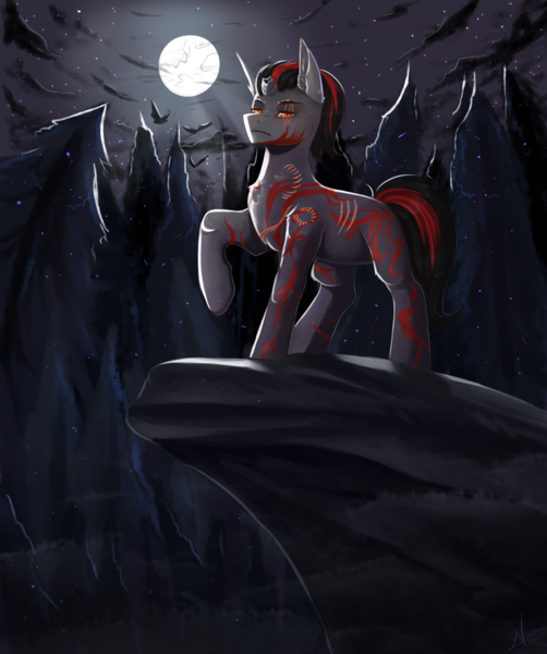 Size: 2880x3440 | Tagged: safe, artist:vitani, derpibooru import, oc, unofficial characters only, bat, pony, unicorn, bite mark, broken horn, eye scar, facial scar, forest, full moon, horn, image, male, moon, nature, png, scar, solo, stallion, tree