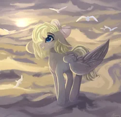 Size: 1976x1896 | Tagged: safe, artist:vitani, derpibooru import, oc, unofficial characters only, bird, pegasus, pony, bow, cloud, female, hair bow, image, mare, on a cloud, open mouth, open smile, png, smiling, solo