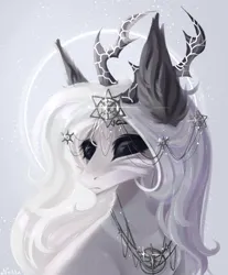 Size: 1316x1588 | Tagged: safe, artist:vitani, derpibooru import, oc, unofficial characters only, pony, abstract background, black sclera, blank eyes, bust, female, headdress, horns, image, jewelry, mare, necklace, png, portrait