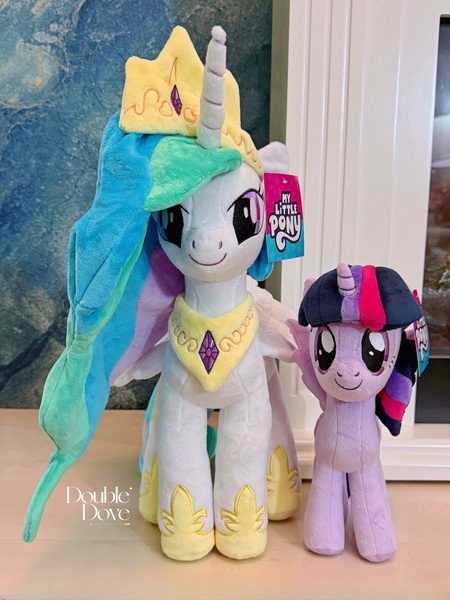 Size: 2965x3953 | Tagged: safe, derpibooru import, official, princess celestia, twilight sparkle, twilight sparkle (alicorn), alicorn, pony, g4, double dove, duo, duo female, female, front view, horn, image, indoors, irl, jewelry, jpeg, looking at you, looking up, merchandise, photo, plushie, pony plushie, smiling, standing, tiara, wings