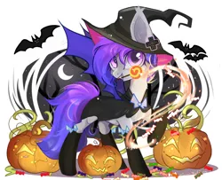 Size: 1972x1600 | Tagged: safe, artist:vitani, derpibooru import, oc, unofficial characters only, bat, bat pony, pony, candy, clothes, female, food, halloween, hat, holiday, image, jack-o-lantern, lollipop, mare, mouth hold, png, pumpkin, socks, solo, witch costume, witch hat