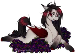 Size: 1280x927 | Tagged: safe, artist:pompolilla, derpibooru import, oc, oc:cherry, bat pony, pony, female, flower, glasses, image, lying down, mare, png, prone, simple background, solo, white background