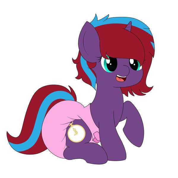 Size: 2048x2048 | Tagged: safe, derpibooru import, oc, oc:charming dazz, unofficial characters only, pony, unicorn, diaper, female, female oc, filly, filly oc, foal, horn, image, jpeg, looking at you, open mouth, pink diaper, raised hoof, simple background, sitting, two toned mane, unicorn oc, white background