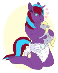 Size: 955x1200 | Tagged: artist needed, suggestive, derpibooru import, derpy hooves, oc, oc:charming dazz, unofficial characters only, anthro, unguligrade anthro, unicorn, g4, diaper, diaper fetish, eyebrows, eyebrows visible through hair, female, female oc, fetish, floating heart, floppy ears, heart, hoof hold, horn, hypnosis, image, jpeg, looking at someone, non-baby in diaper, plushie, unicorn oc