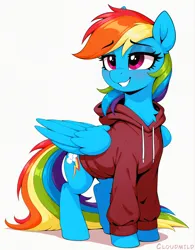 Size: 1072x1376 | Tagged: safe, ai content, editor:cloudmild, generator:zoinksnoob, machine learning generated, prompter:cloudmild, stable diffusion, rainbow dash, pegasus, pony, g4, clothes, eyebrows visible through hair, female, folded wings, hoodie, image, jpeg, lidded eyes, mare, simple background, smiling, solo, white background, wings