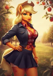 Size: 896x1280 | Tagged: suggestive, ai content, generator:google imagen 3.0, machine learning generated, prompter:zerowinger, applejack, anthro, earth pony, g4, apple, apple tree, breasts, busty applejack, clothes, denim jacket, denim skirt, female, front knot midriff, hand on hip, image, jpeg, lipstick, midriff, skirt, smiling, solo, solo female, sweet apple acres, tree