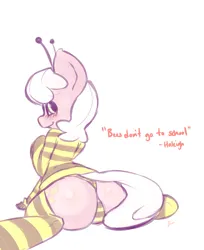 Size: 1585x1940 | Tagged: suggestive, artist:terrabutt, artist:yungterra-blog, derpibooru import, cheerilee, bee, earth pony, insect, pony, g4, animal costume, bee costume, blushing, butt, butt focus, cheeribee, clothes, costume, female, flowerbutt, image, large butt, panties, plot, png, simple background, socks, solo, solo female, striped socks, striped underwear, sweater, underwear, yellow underwear